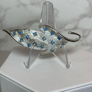 Vintage Silver Tone Leaf Brooch Pin Blue Rhinestones